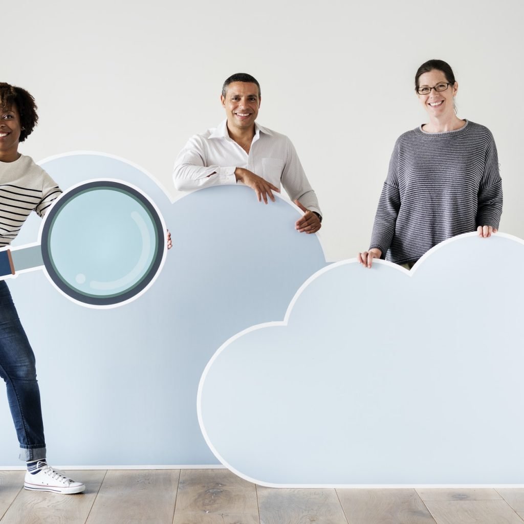 Happy people with cloud and technology icons