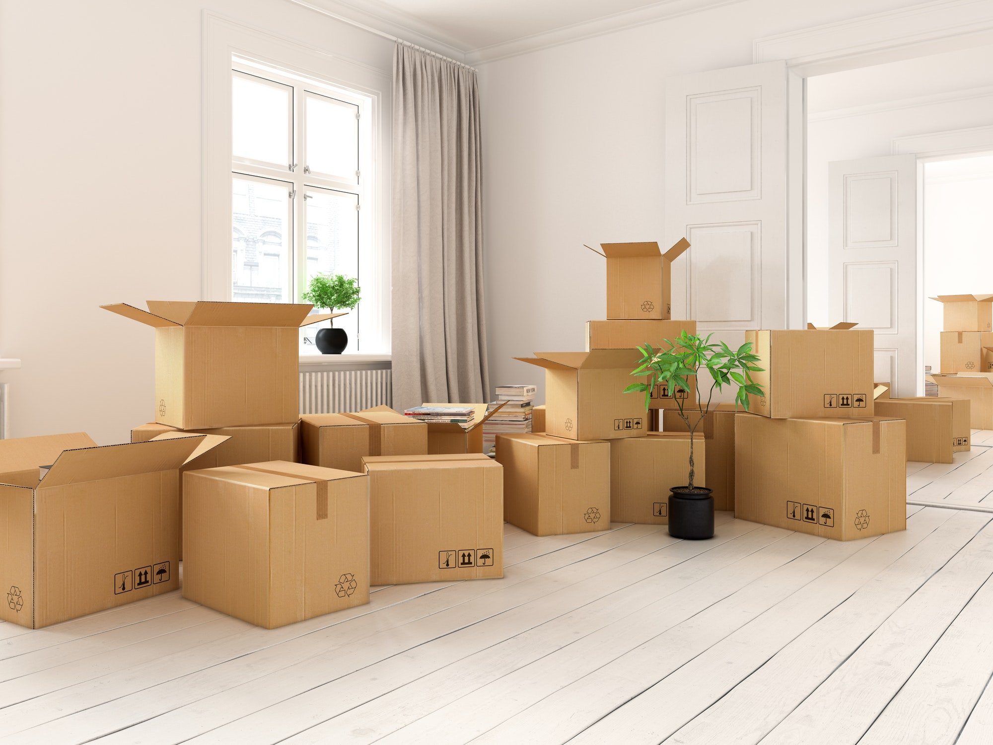 Interior with packed cardboard boxes for relocation 3D rendering
